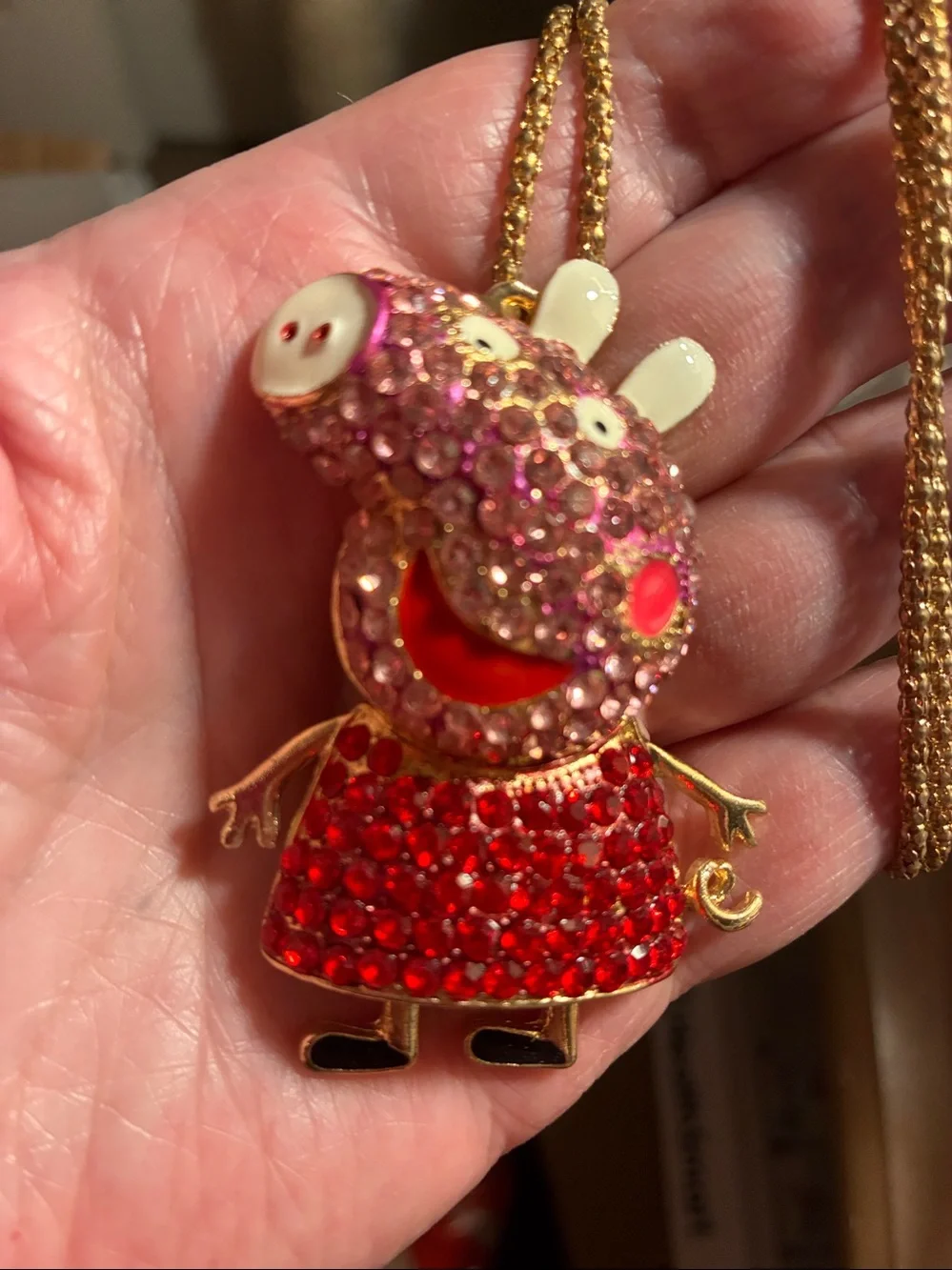 Peppa Pig Pendant Necklace -  Pink and Ref Crystals-Gold Tone.